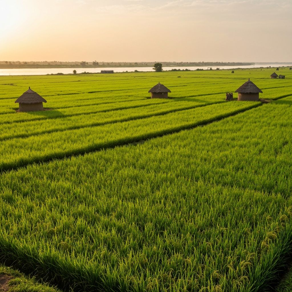 Aerial view of F2F Agro rice fields near the Volta Lake in Ghana